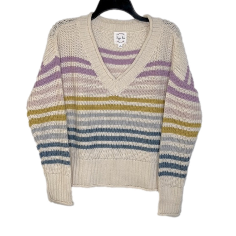 Hippie Rose Cream and Pastel Striped V-Neck Junior’s Knit Sweater - Size Large